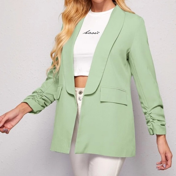 Tops - SOLD! New ruched sleeves shawl collar green blazer